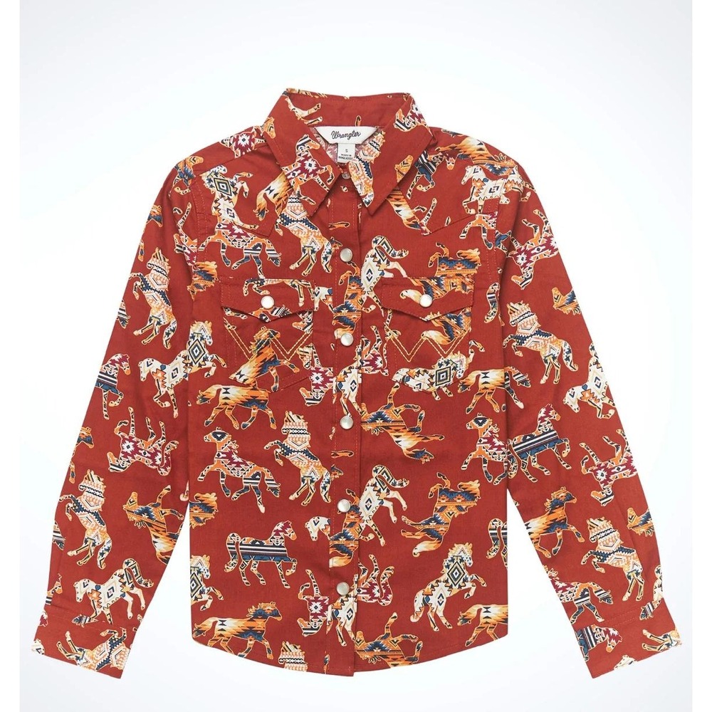 Wrangler Kids Rust Horse Print Southwest Western Pearl Snap Shirt Small 6/7